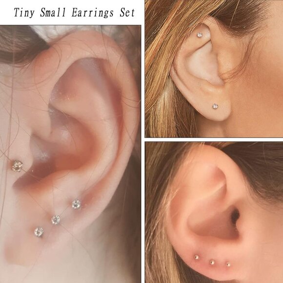 Small Gold & CZ Flat Back Cartilage Earring Set, 15 Pairs, Surgical Steel, Comfo - Picture 3 of 6